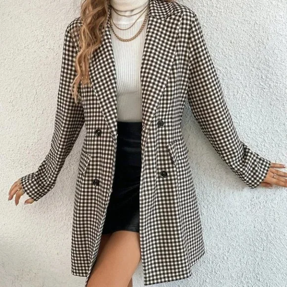 BLACK GINGHAM PRINT BLAZER CHIC CLASSY BUSINESS CASUAL STREETWEAR - Picture 2 of 12